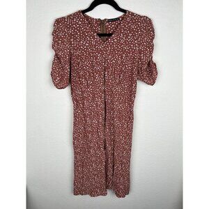 Abercrombie & Fitch Womens V-Neck Spotted Boho Midi Dress Mauve Ruched Sleeve XL